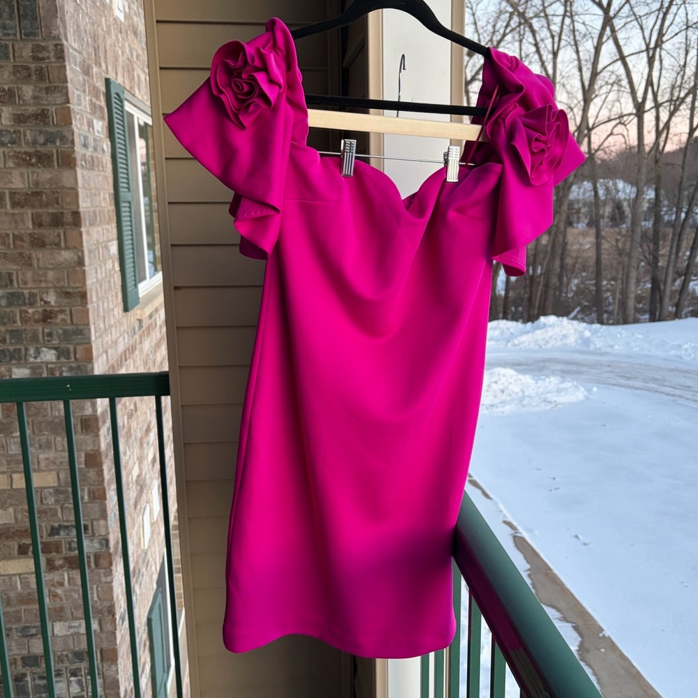 🆕 🌸 Jewel Badgley Mischka Magenta Rosette Mini Dress Size 10 Scuba Party Chic - Picture 4 of 17